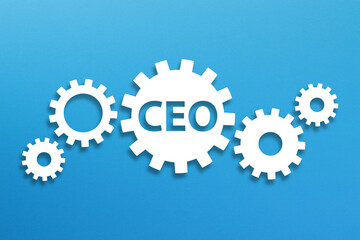 Chief Executive Officer, CEO concept with white gears on blue background
