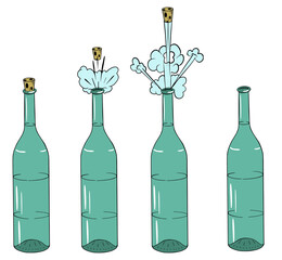 Cork flies out of a bottle of alcoholic liquid over white background.