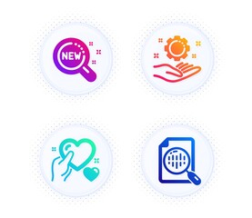 Hold heart, Employee hand and New products icons simple set. Button with halftone dots. Analytics chart sign. Care love, Work gear, Search. Report analysis. Business set. Vector