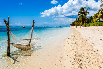 tropical beach with palm trees and hammock, the Morne, Mauritius 