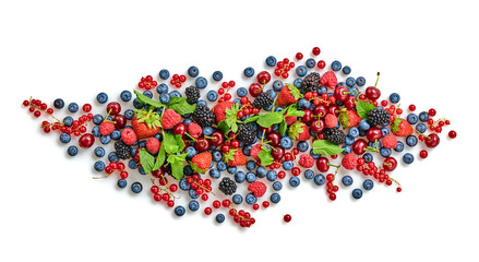Blueberry, raspberry, blackberry, redcurrant, strawberry, cherry isolated on white. Fresh blueberry, berries mix closeup. Red raspberry, blue blackberry, mint creative composition.
