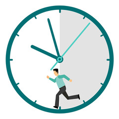 Vector illustration of a man running nonstop inside the clock like a hamster.