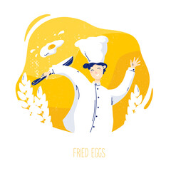 Cute chef tosses the eggs in the pan on yellow background. Vector culinary banner in flat linear style.