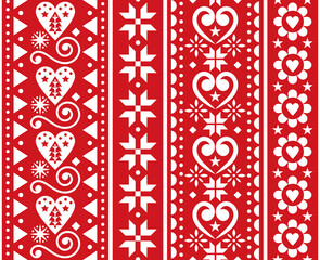 Christmas vector seamless vertical pattern - Scandinavian traditional embroidery folk art style with snowflakes, Chritmas trees, flowers and hearts
