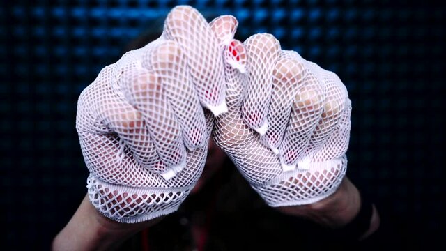 ASMR relaxing gloves and hand sounds. White fishnet glove is the best trigger for deep relax, new technology to fall asleep. Hands visual touching, massage. Close rustling fingers from ear to ear