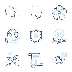 Grow plant, Natural linen and Medical shield line icons set. Diploma certificate, save planet, group of people. Face scanning, Check eye and Face id signs. Vector