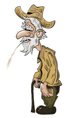 Funny illustration of old grandfather with a stick and a straw in mouth over white background.
