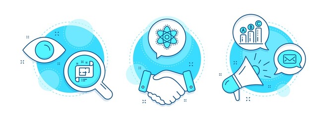 Graph chart, Messenger and Architectural plan line icons set. Handshake deal, research and promotion complex icons. Chemistry atom sign. Growth report, New message, Technical project. Vector