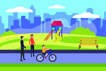 Family quality time vector concept: parent taking a walk in the park while their boy bicycling