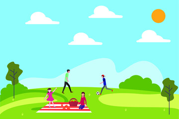 Family summer fun vector concept: group of family holding a picnic in the middle of green hills
