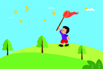 Children vector concept: boy playing with a nest catching the stars in the sky