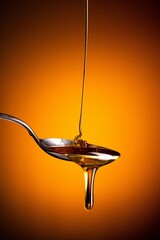 Organic honey flowing from the spoon