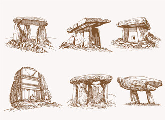 Graphical set of dolmens, vector vintage illustration, menhir
