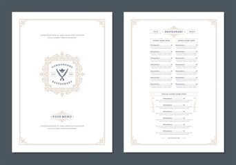 Menu design template with cover and restaurant vintage logo vector brochure.