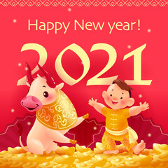 Chinese new year congratulation card, invitation, calendar design with many gold ingots, 2021 numbers and oriental animal bull mascot, boy character in hanfu suit. Vector realistic flat illustration.