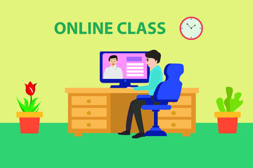 Online class vector concept: College student watching online lesson from his PC desktop  at home