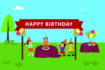 Happy Birthday vector concept: children having an outdoor birthday party at park