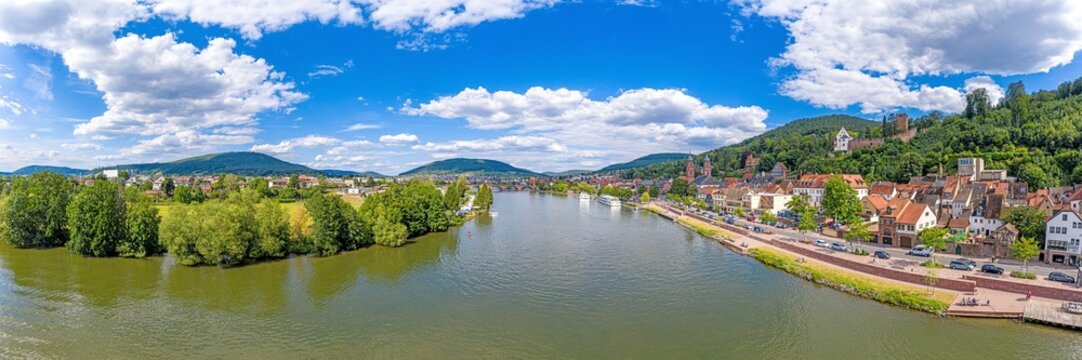 Aerial drone panoramic picture of the medieval city of Miltenberg in Germany during daytime