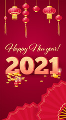 Chinese new year congratulation card, invitation, calendar design with big 3d 2021 letters, traditional paper lanterns, gols ingots, candles, hand fan, golden coins decor elements on red background.