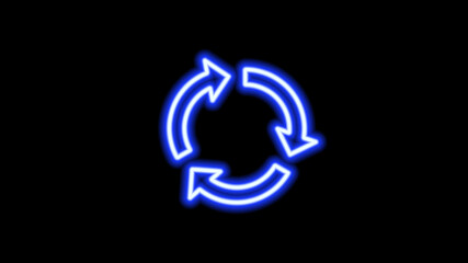 Blue neon recycling arrow on black background.