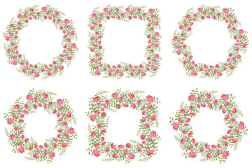 Retro greeting card with pink sweet pea flower and green leaf branch wreath. Beautiful floral frame wedding invitation. Vector template design.