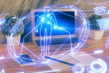 Desktop computer background and education theme drawing. Double exposure. Study concept.