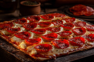 pizza with salami,pizza, food, cheese, pepperoni, italian, salami, isolated, meal, dinner, tomato, mozzarella, crust, baked, white, snack, meat, tasty, lunch, tomatoes, dough, ham, delicious, pepper, 