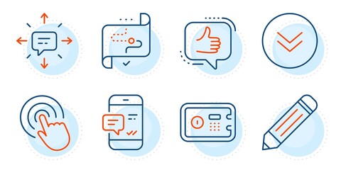 Pencil, Safe box and Like signs. Sms, Target path and Smartphone notification line icons set. Scroll down, Click symbols. Conversation, Business aim. Technology set. Outline icons set. Vector