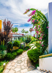 Fototapeta na wymiar A beautiful hotel pool view in Ortakent Village of Bodrum Town.