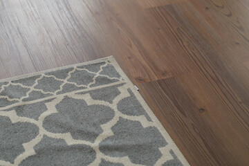 Laminated parquet floor. Light wood texture. Modern cozy soft carpet. Warm interior design