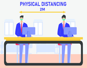 Physical Distancing vector concept: two businessmen doing physical distancing while working on each of their computers