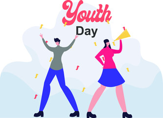 Youth Day vector concept: couple celebrating and blowing trumpet under the rain of knickknacks