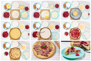 step by step cooking process and ingredients for homemade raspberry pie-egg, cottage cheese, flour, raspberries, sugar, dough, baking dish, butter. top view on a light background. mixing ingredients