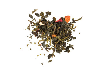  Leaves of Chinese Dry Tea Top Grade with Goji Berries and Powdered Acai on White Background
