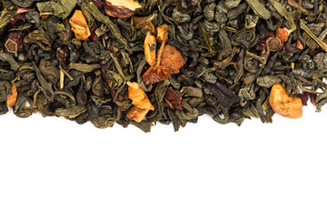  Leaves of Chinese Dry Tea Top Grade with Goji Berries and Powdered Acai on White Background