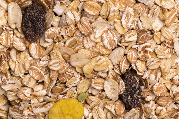 oatmeal with raisins, coconut, pineapple and banana slices isolated on a white background. For packing oatmeal or granola.