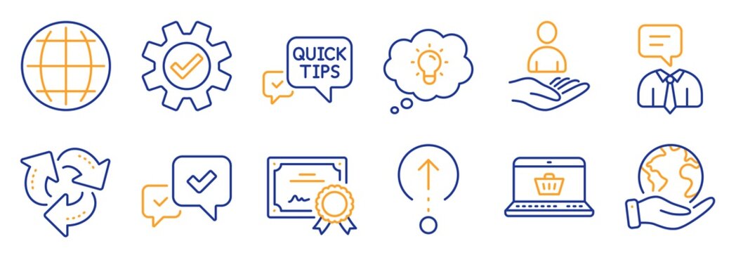 Set of Technology icons, such as Support service, Swipe up. Certificate, save planet. Service, Recruitment, Approve. Quick tips, Recycle, Online shopping. Energy, Globe line icons. Vector