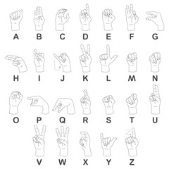 Asl alphabet for disabled people vector illustration isolated on a white background. © Roi_and_Roi