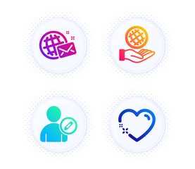 World mail, Safe planet and Edit user icons simple set. Button with halftone dots. Heart sign. Chat, Ecology, Profile data. Love. People set. Gradient flat world mail icon. Vector