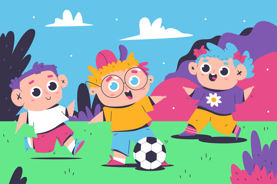 Kids playing in football outdoors. Boy and girl in park vector cartoon illustration.