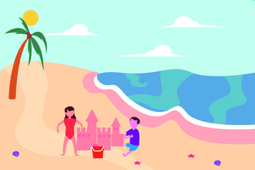 Summer fun vector concept: children constructing sand castles at the beach