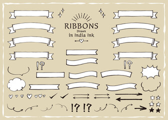 墨と筆で描いたリボンのセット 黒 白地・文字なし