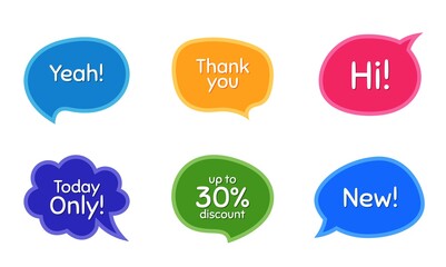 New, 30% discount and today only. Colorful chat bubbles. Thank you phrase. Sale shopping text. Chat messages with phrases. Texting thought bubbles. Vector