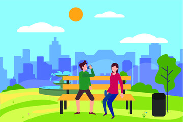 Healthy lifestyle vector concept: couple sitting on a park bench and drinking water after working out