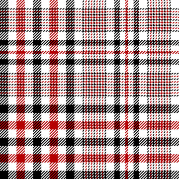 Black red white glen plaid pattern vector. Seamless bright tweed tartan check plaid for tablecloth, blanket, throw, skirt, or other modern spring and autumn textile print.