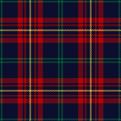 Christmas plaid pattern in red, green, yellow, dark blue. Seamless striped textured tartan check plaid vector for flannel shirt, skirt, or other modern New Year winter textile print.