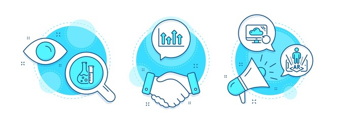 Upper arrows, Recovery cloud and Augmented reality line icons set. Handshake deal, research and promotion complex icons. Chemistry lab sign. Growth infochart, Backup info, Phone simulation. Vector