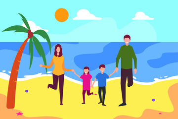 Obraz na płótnie Canvas Family holiday vector concept: group of family holding hands together while posing joyfully by raising their legs at the beach