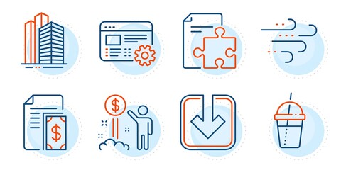 Load document, Skyscraper buildings and Income money signs. Strategy, Payment and Windy weather line icons set. Coffee cocktail, Web settings symbols. Puzzle, Cash money. Business set. Vector