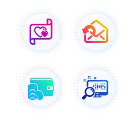 Send mail, Love letter and Payment method icons simple set. Button with halftone dots. Search sign. Sent message, Heart, Wallet with coins. Find file. Business set. Vector